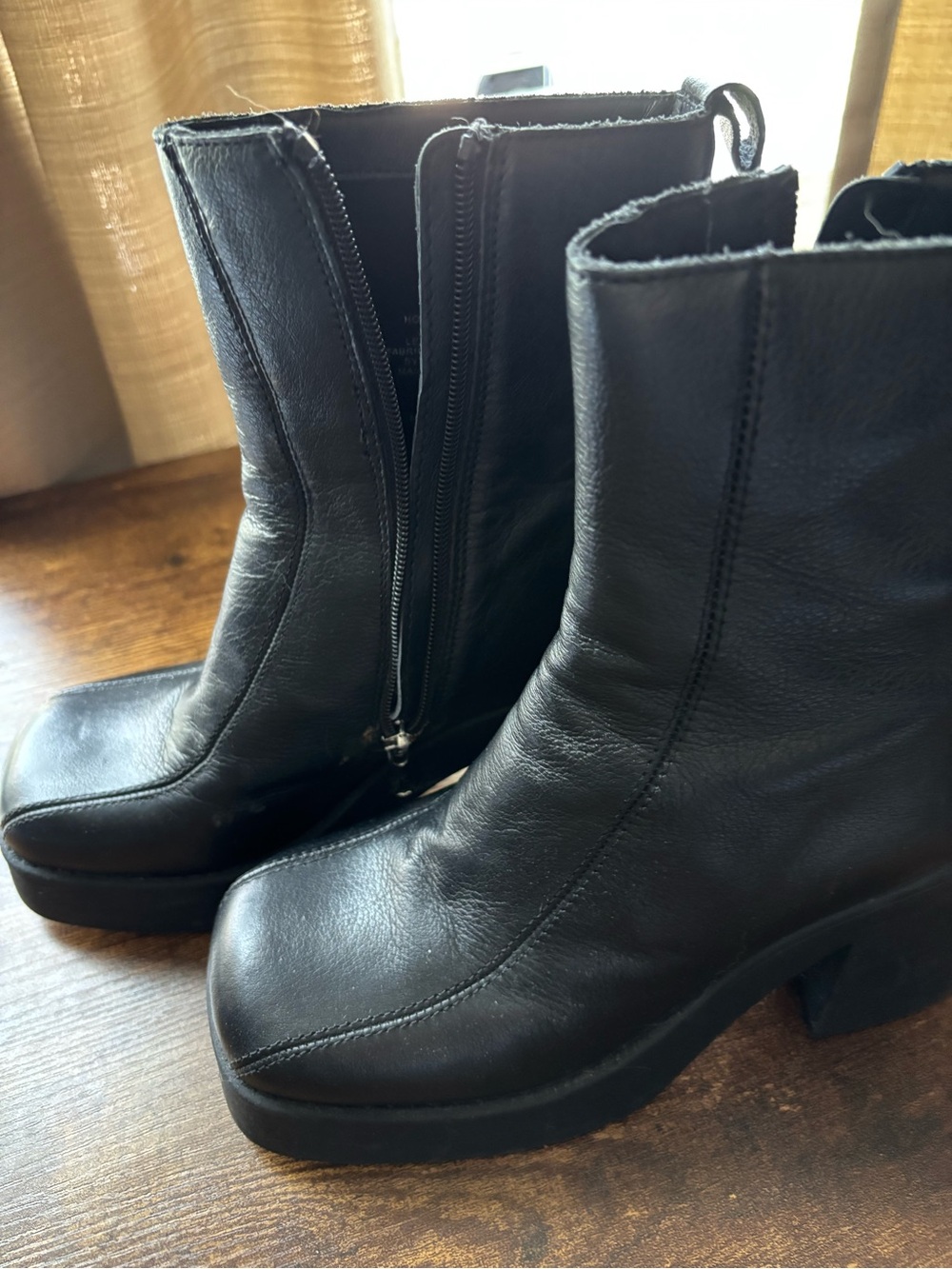 Steve Madden Black Leather Square Toe Platform Heeled Ankle Boots 7M - Picture 2 of 11